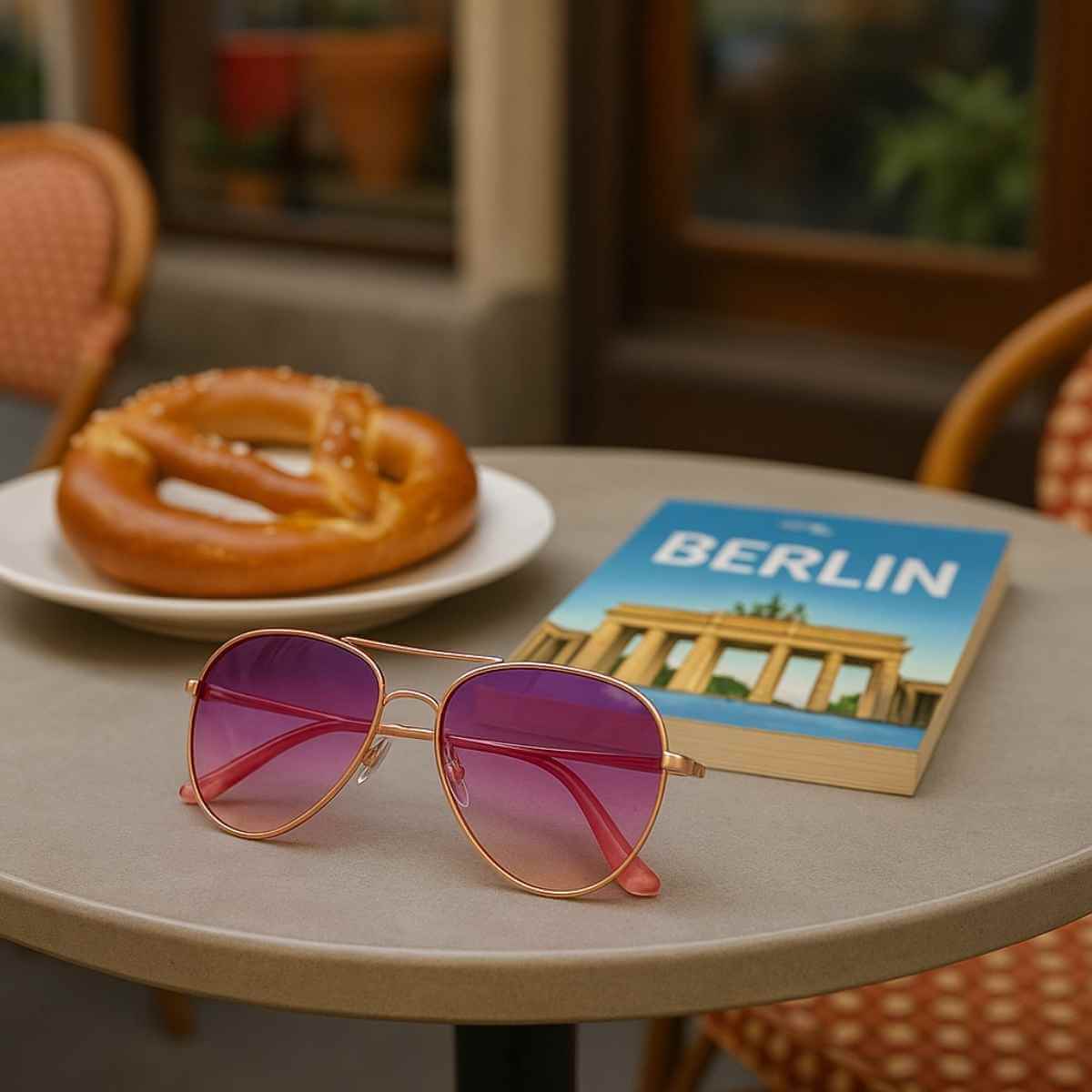 Lavender aviator sunglasses for small faces on a Berlin café table with pretzel and guidebook