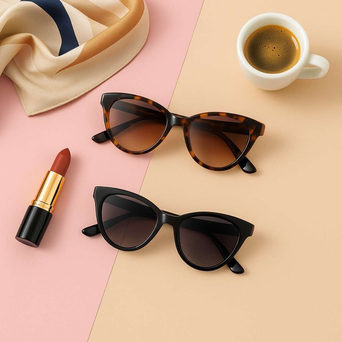 Flat lay of petite cat eye sunglasses with tortoise and black frames, styled with scarf and espresso