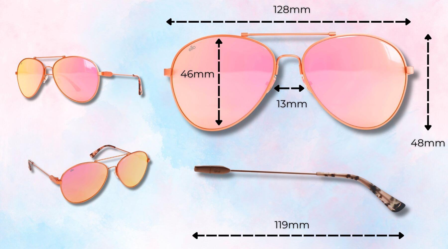 Sizing chart for Bali aviator sunglasses with frame measurements designed for small faces
