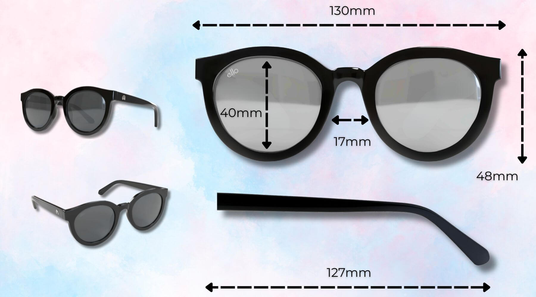 Bar Harbor sunglasses size chart showing frame width, lens height, bridge, and temple measurements for small faces