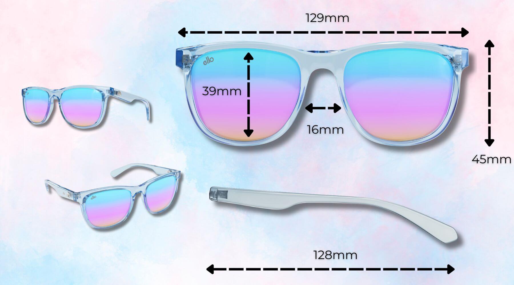 Outer Banks sunglasses size guide showing dimensions of sunglasses for small faces