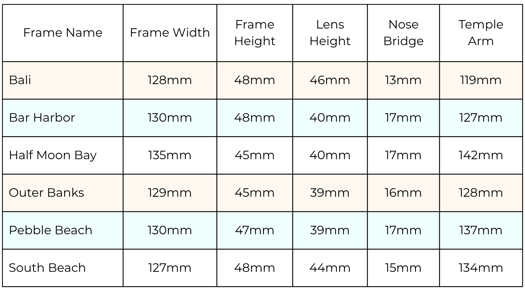 Table showing measurements for each frame style including width, height, bridge, and arm length