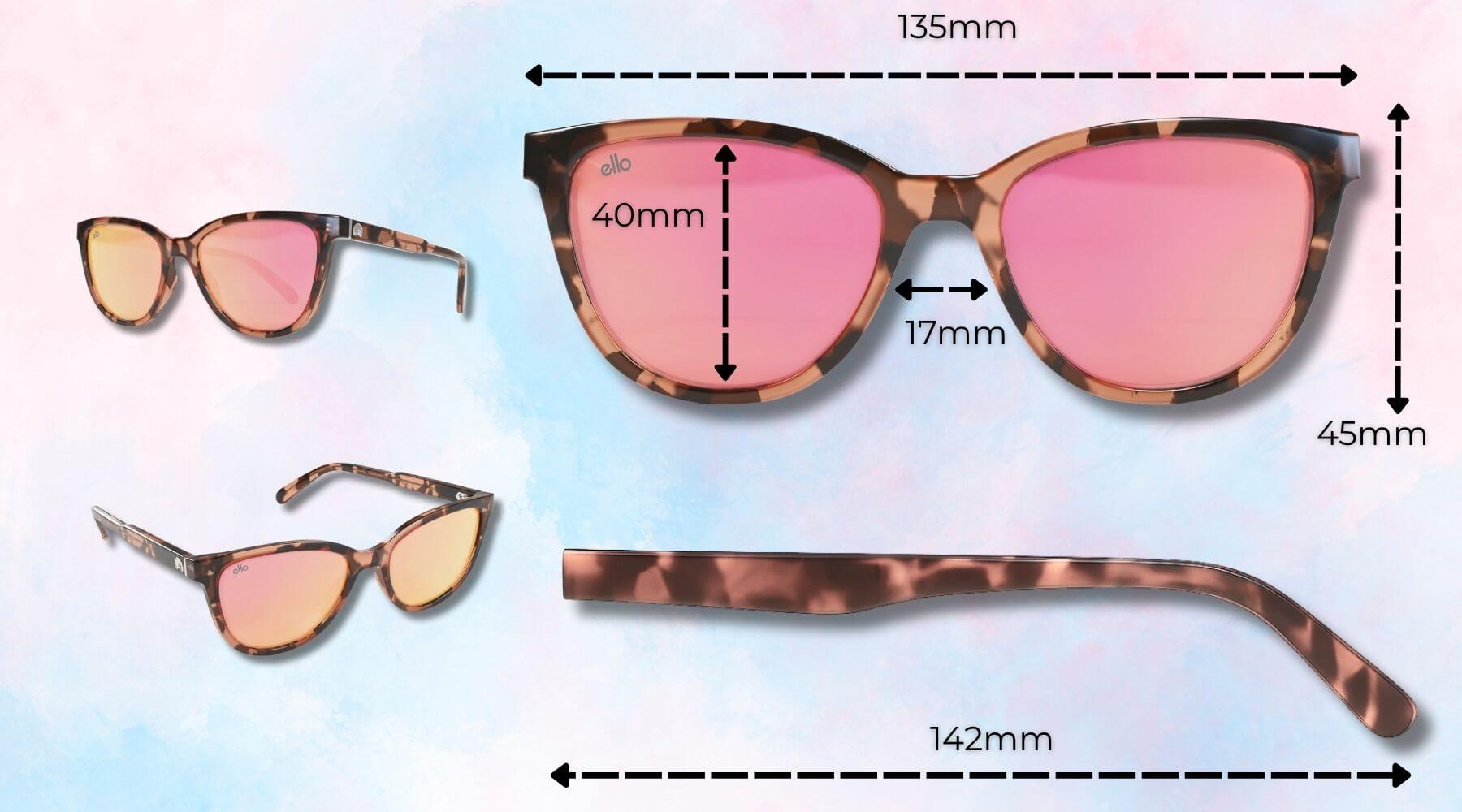 Cat eye sunglasses for smaller face with exact dimensions for lens, bridge, arm, and frame width in mm