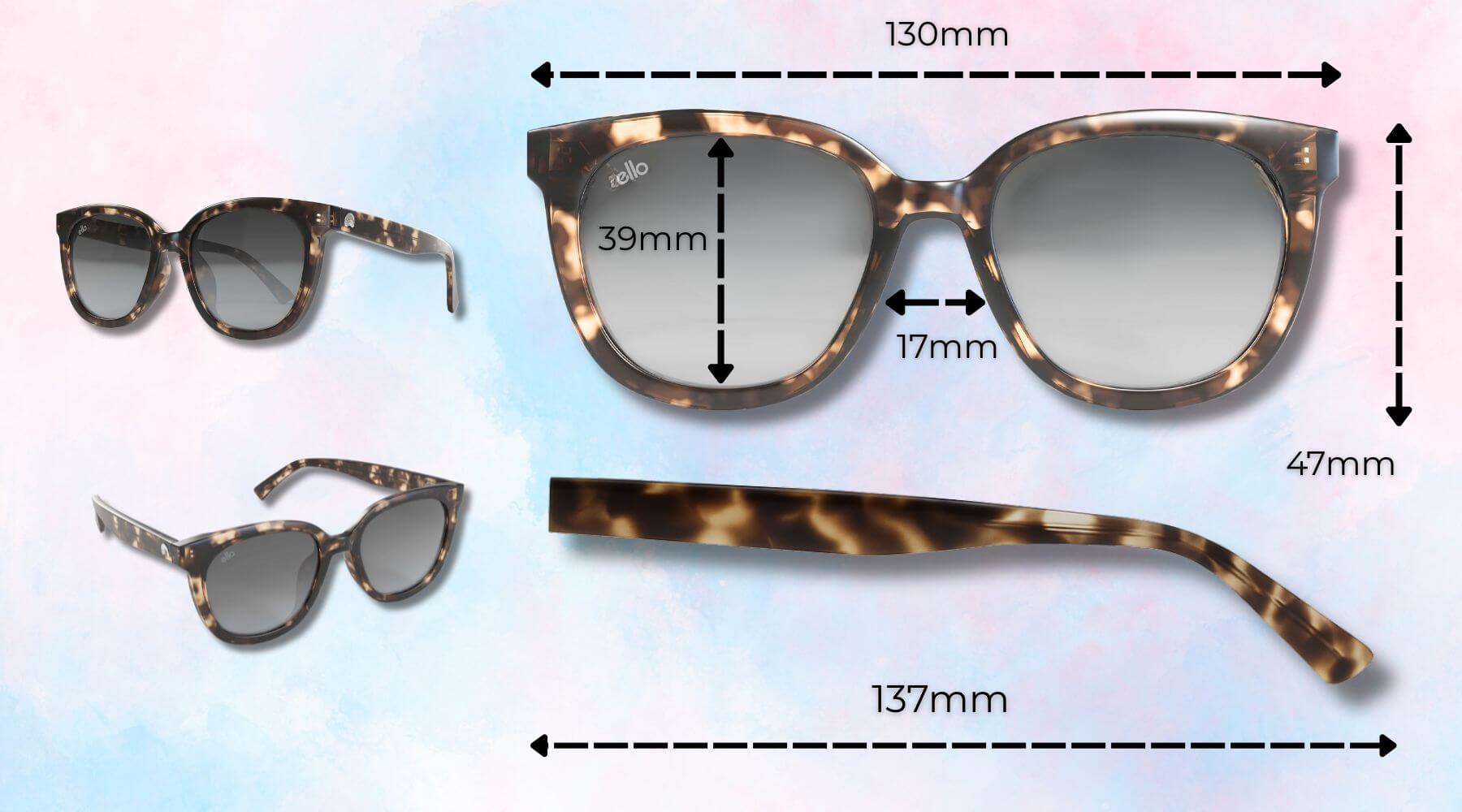 Pebble Beach sunglasses for little faces shown with frame dimensions labeled. Tortoise frame with grey lenses.