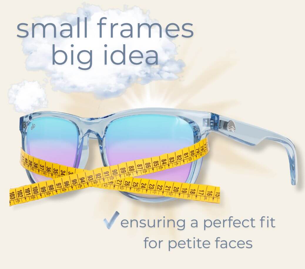 Blue sunglasses with measuring tape wrapped around the frame, symbolizing precise petite sizing—designed to fit small faces beautifully.