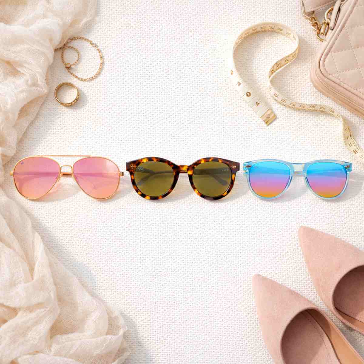 Lifestyle styling board featuring the best style sunglasses for small face proportions, showing petite-fit aviator, round, and everyday frames styled with women’s fashion accessories for small heads.