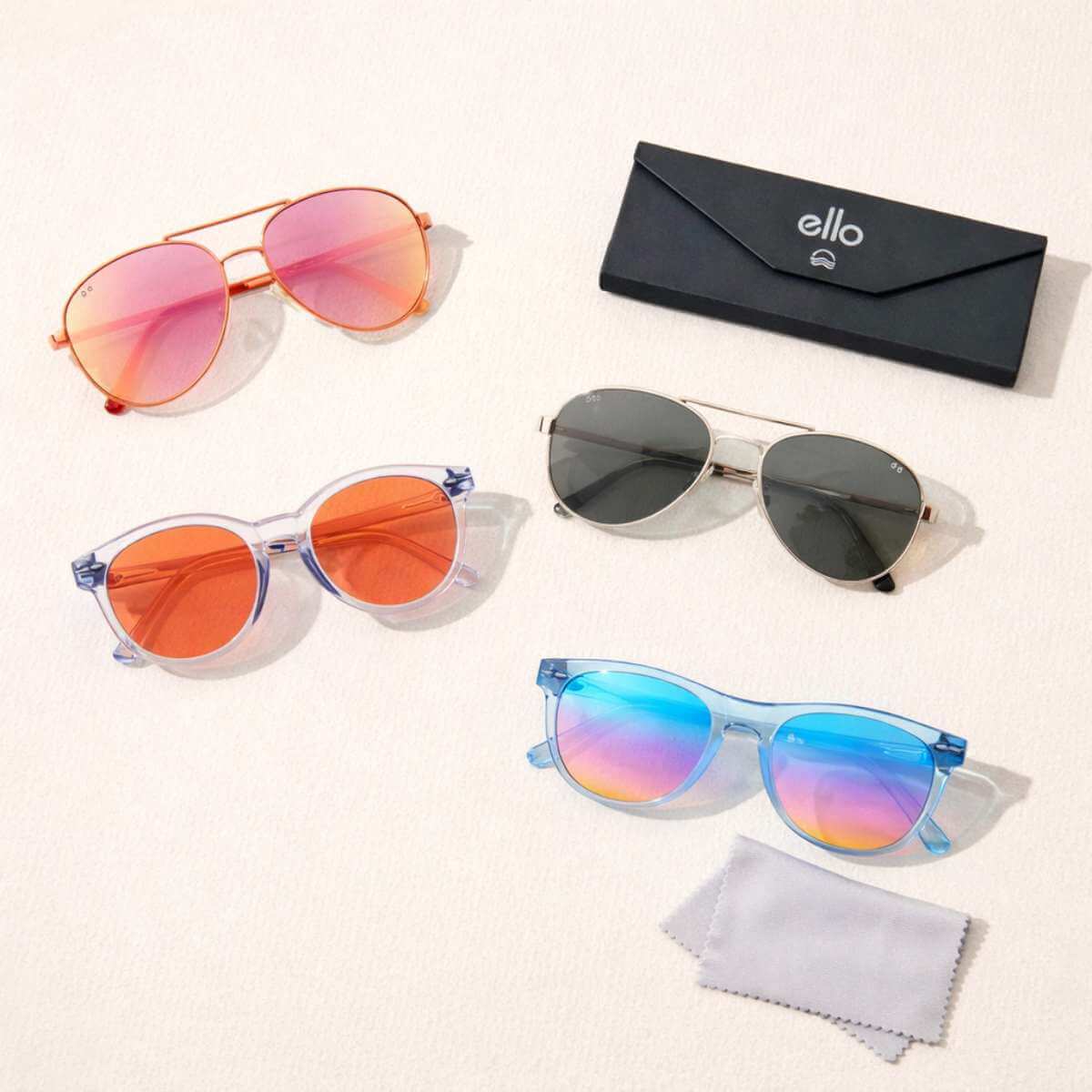Petite Sunglasses For Small Heads Featuring Aviator Round And Square Frames With Ello Sunglasses Case In Flat Lay Guide To Sunglasses For Small Faces