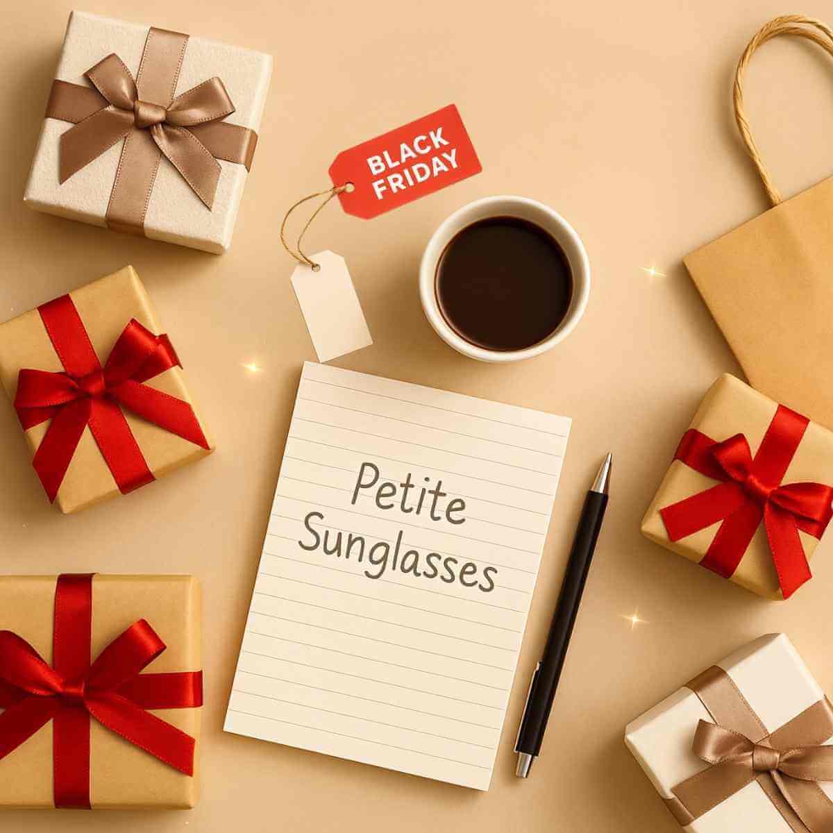 Black Friday gift flat lay with wrapped presents, coffee cup, sale tag, and a shopping list featuring petite sunglasses on a beige background.