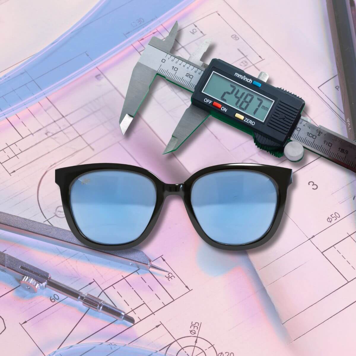 Black sunglasses with blue lenses placed on engineering blueprints alongside a digital caliper reading 248.7mm—visual concept for measuring sunglasses size.