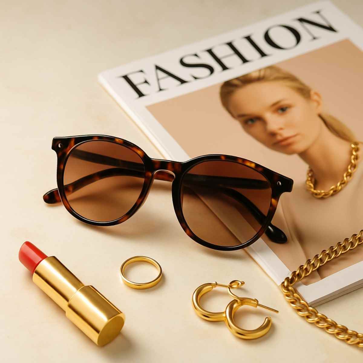 Editorial flat lay of sunglasses for thin face female styled with fashion magazine lipstick and jewelry for a chic feminine look