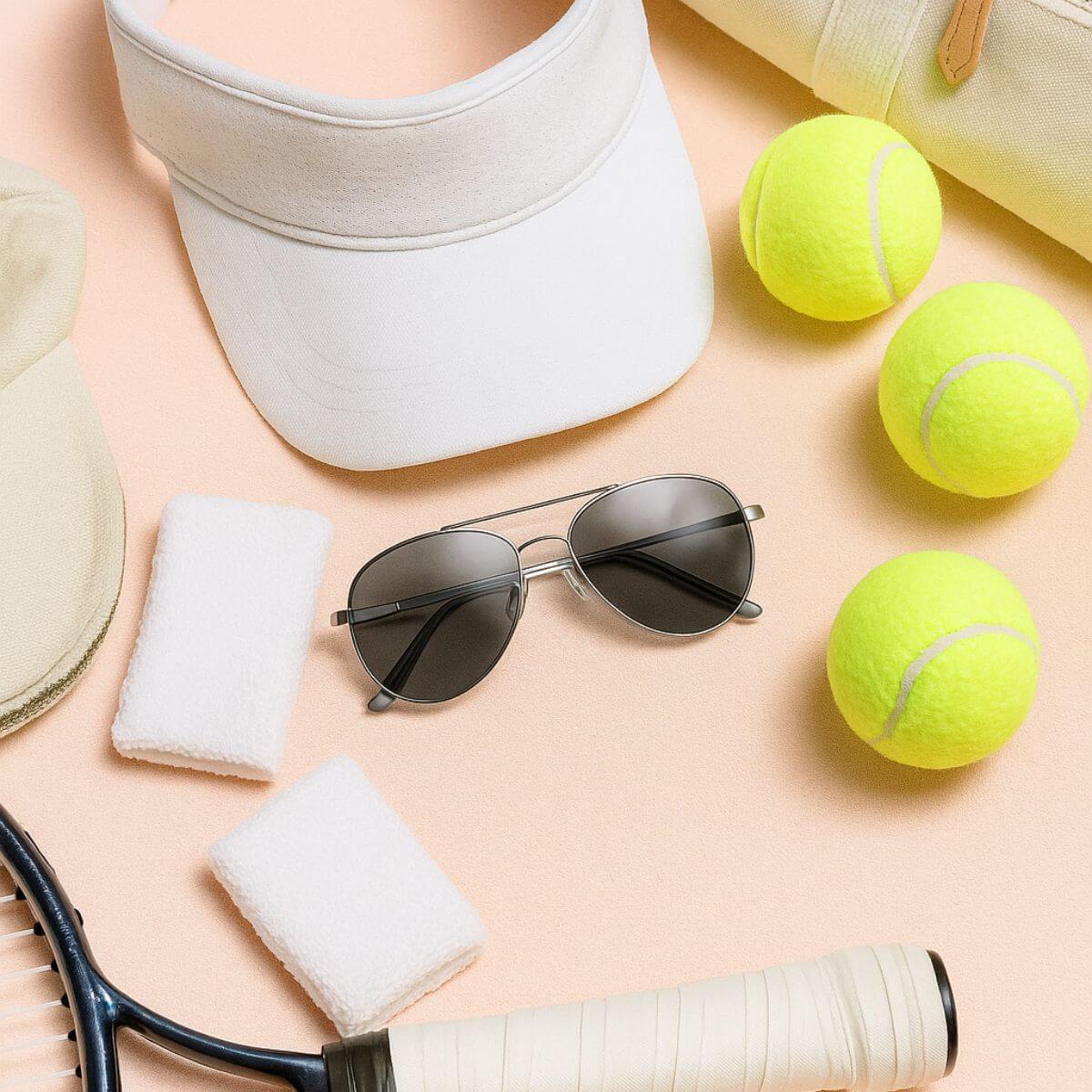 Flat lay of grey aviator sunglasses surrounded by tennis accessories including a white visor, wristbands, tennis balls, and racket, styled for small faces.