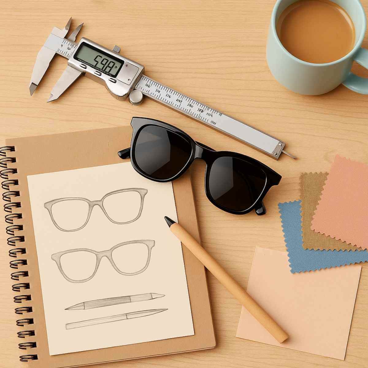 Creative flat lay of sunglass design tools and sketches representing the story and craftsmanship behind ello petite sunglasses.