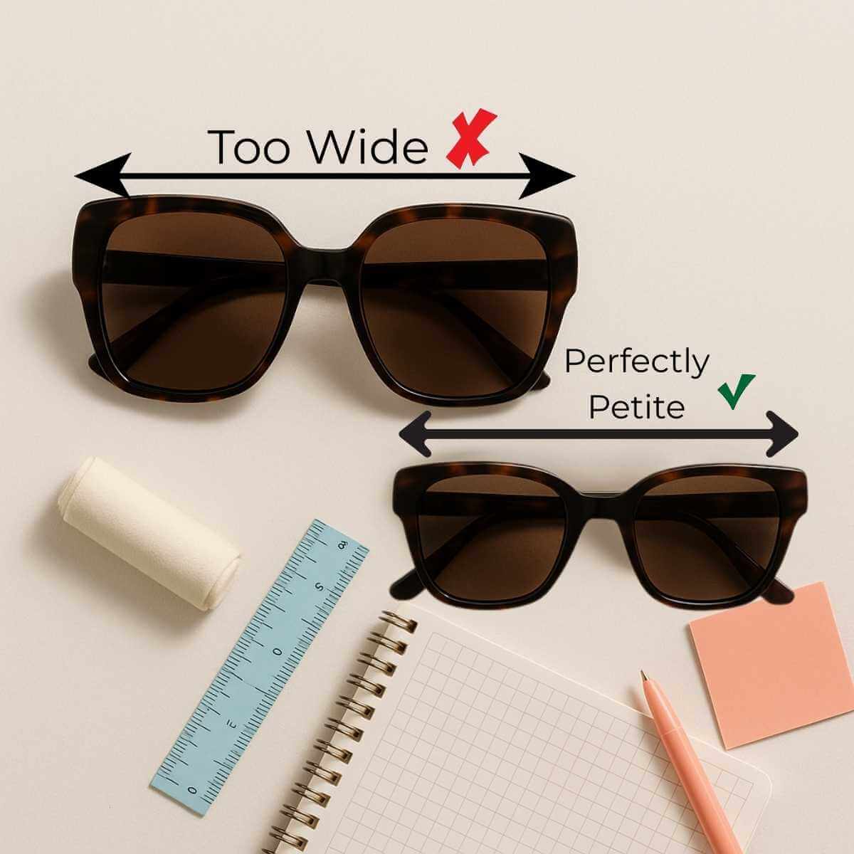 Flat lay with two identical sunglasses, one oversized and one petite, beside a notebook, ruler, and cleaning cloth.