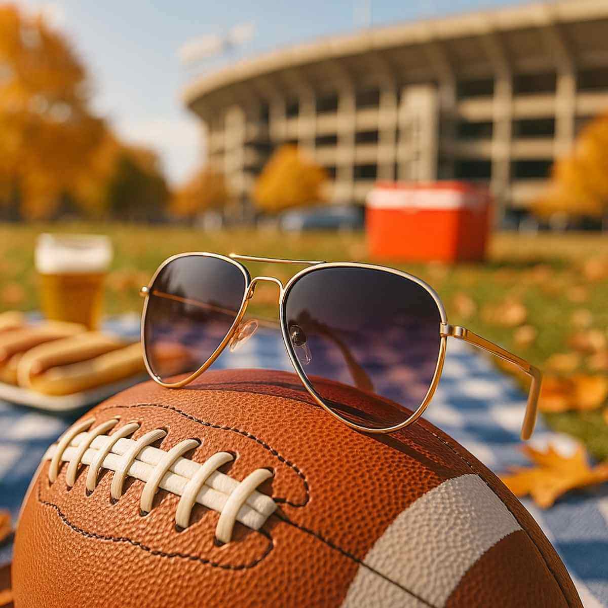 A pair of petite aviator sunglasses resting on bright stadium seats with blurred football goalposts in the background, showing game day style and tailgate vibes