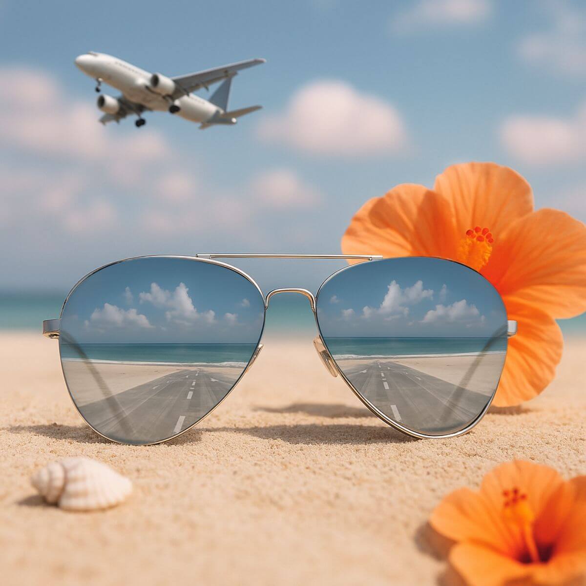 Petite-fit aviator sunglasses on beach with grey smoke lenses reflecting sky and runway, framed by hibiscus flower, seashell, and airplane in flight