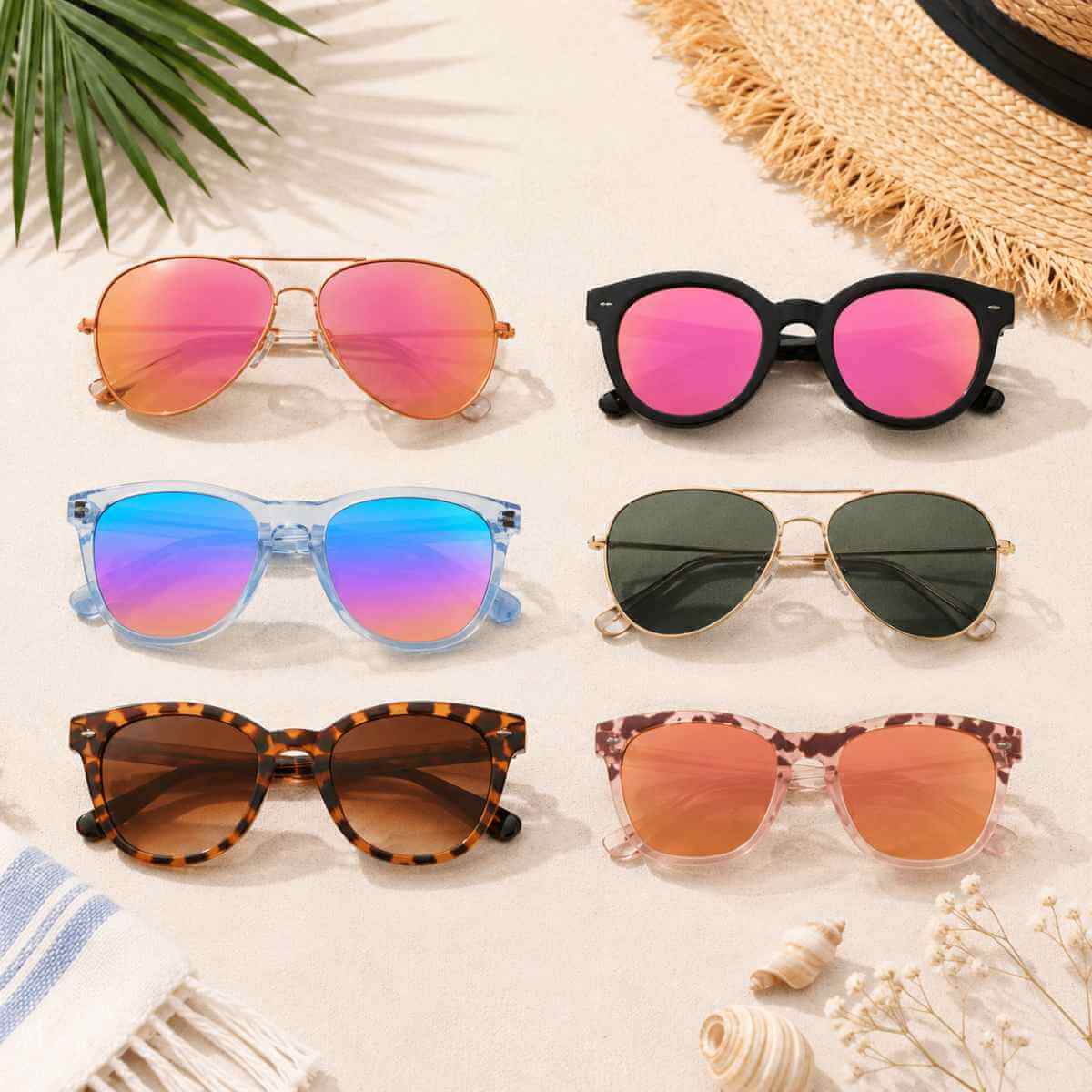 Six ello sunglasses styles arranged in a flat lay, illustrating properly proportioned sunglasses designed to fit petite faces, small heads, and smaller facial proportions.