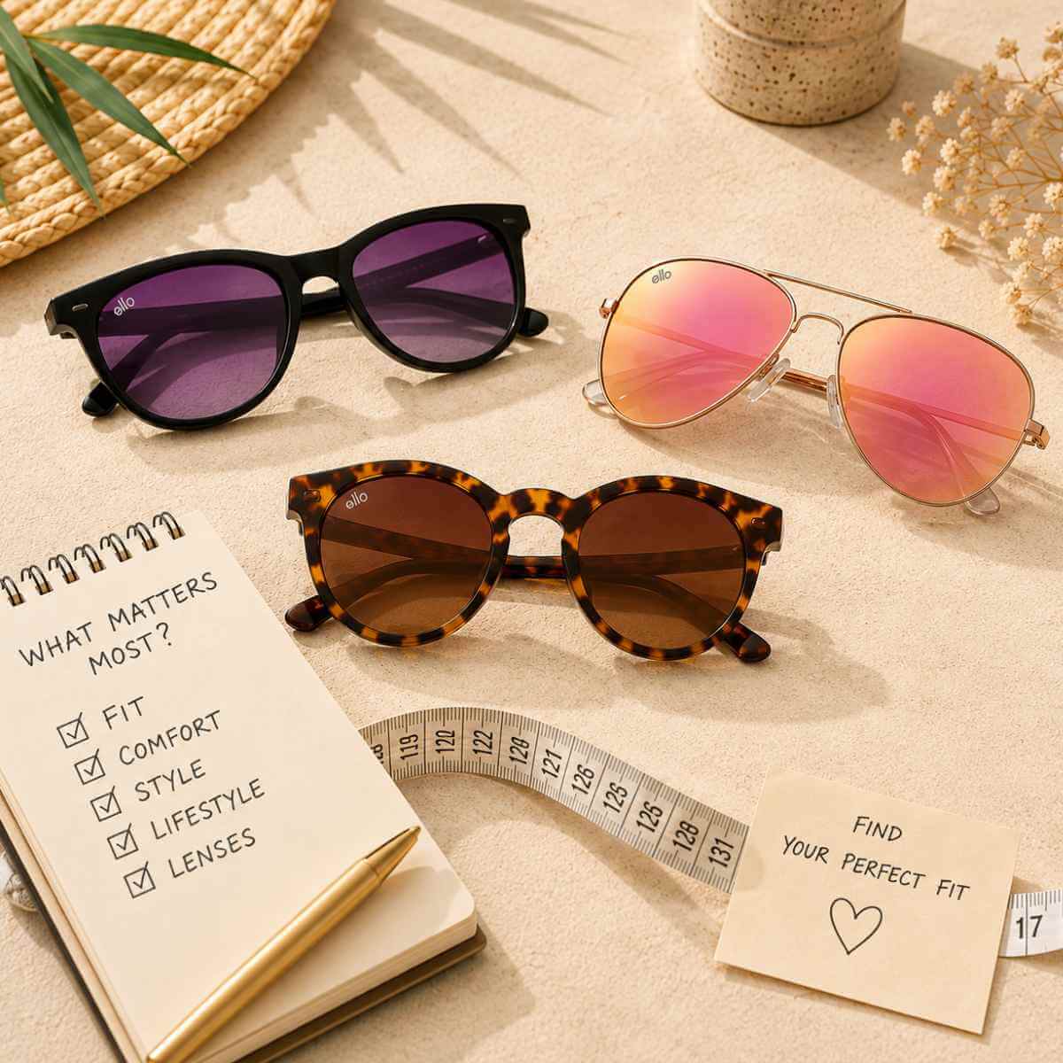 Small frame sunglasses in multiple petite-fit styles arranged with a measuring tape and fit checklist to help adults with petite faces and small heads choose the right sunglasses.