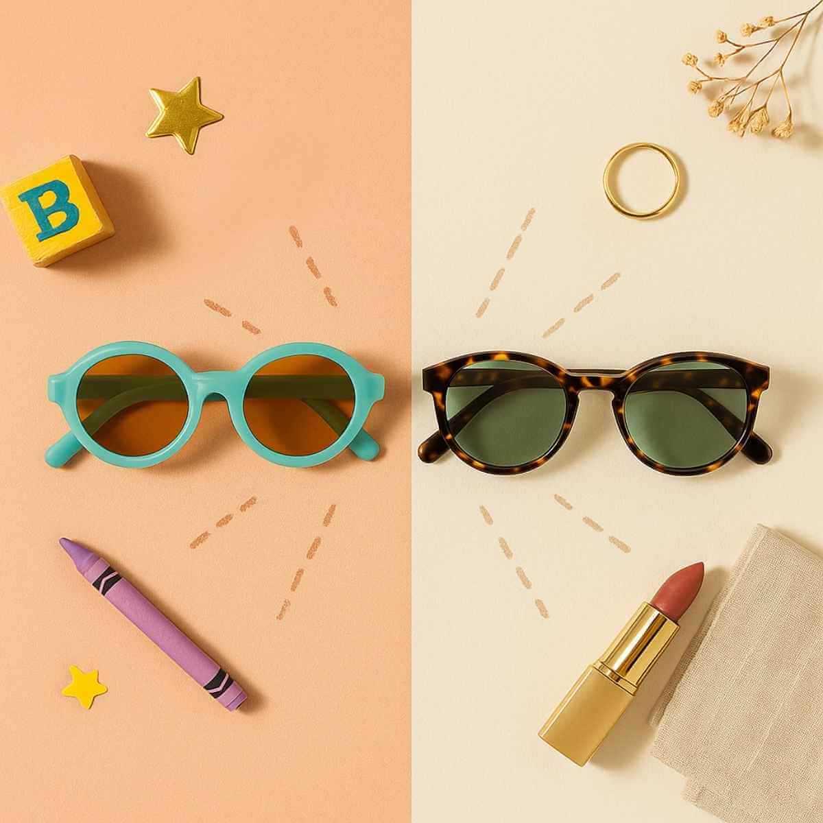 Flatlay comparison of kids sunglasses and adult petite sunglasses with playful and feminine elements