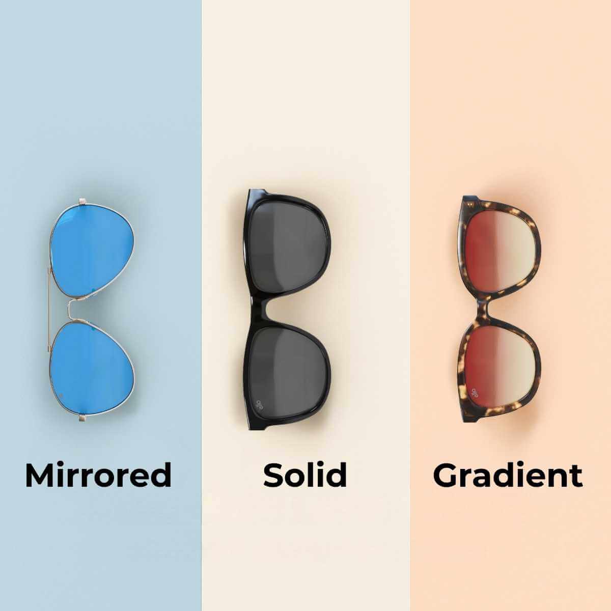 Mirrored vs solid vs gradient lenses guide for petite-fit sunglasses – comparison chart for small faces.