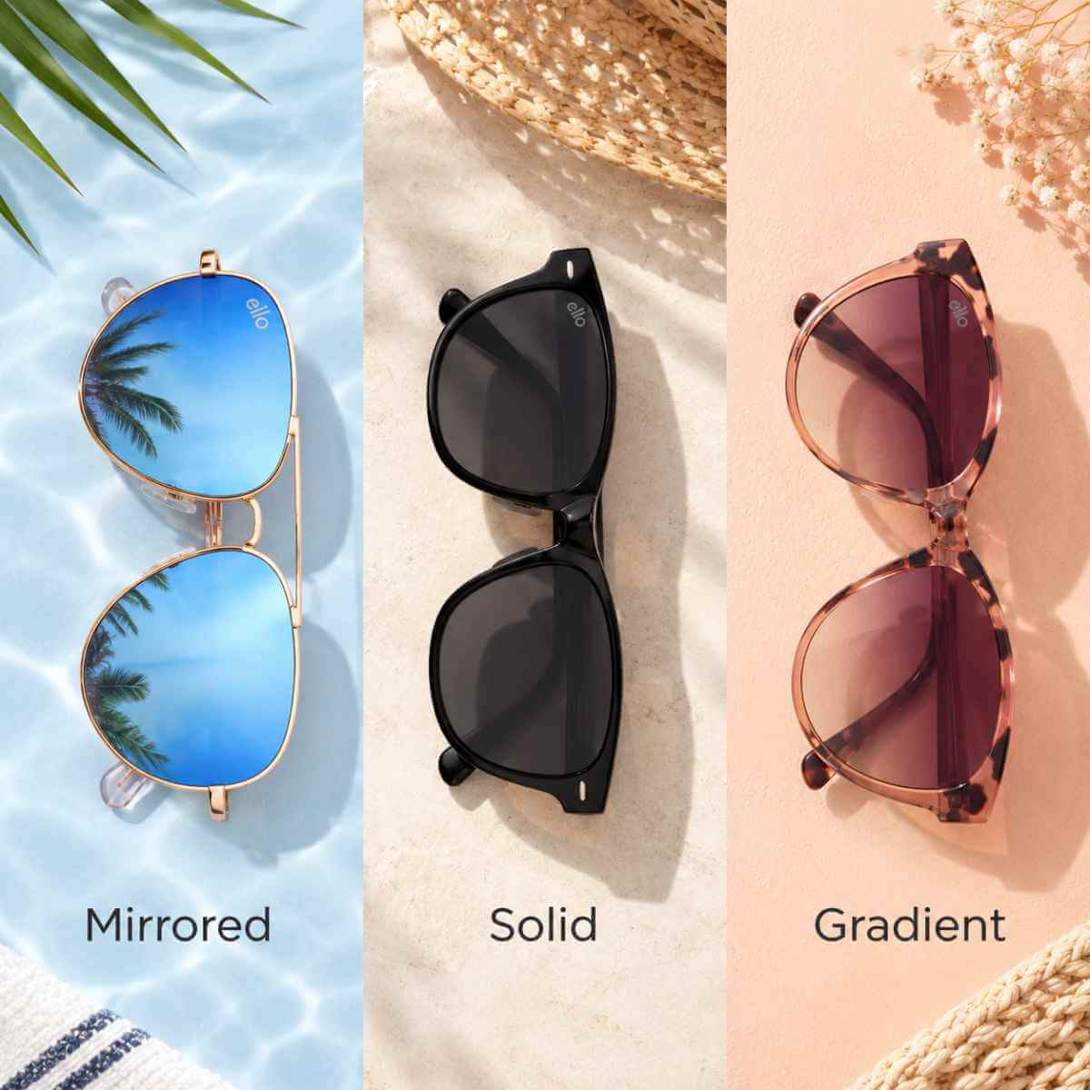 Mirrored, solid, and gradient sunglasses lenses shown side by side for comparison