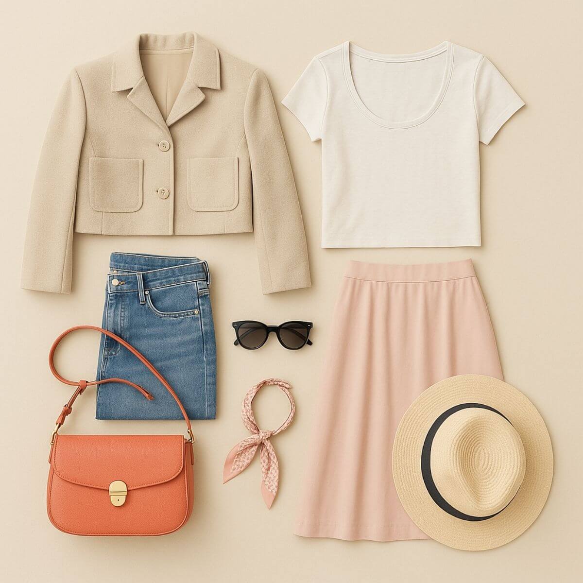 Flat lay of petite fashion clothing and accessories including small head sunglasses, mini bag, and cropped jacket on beige background