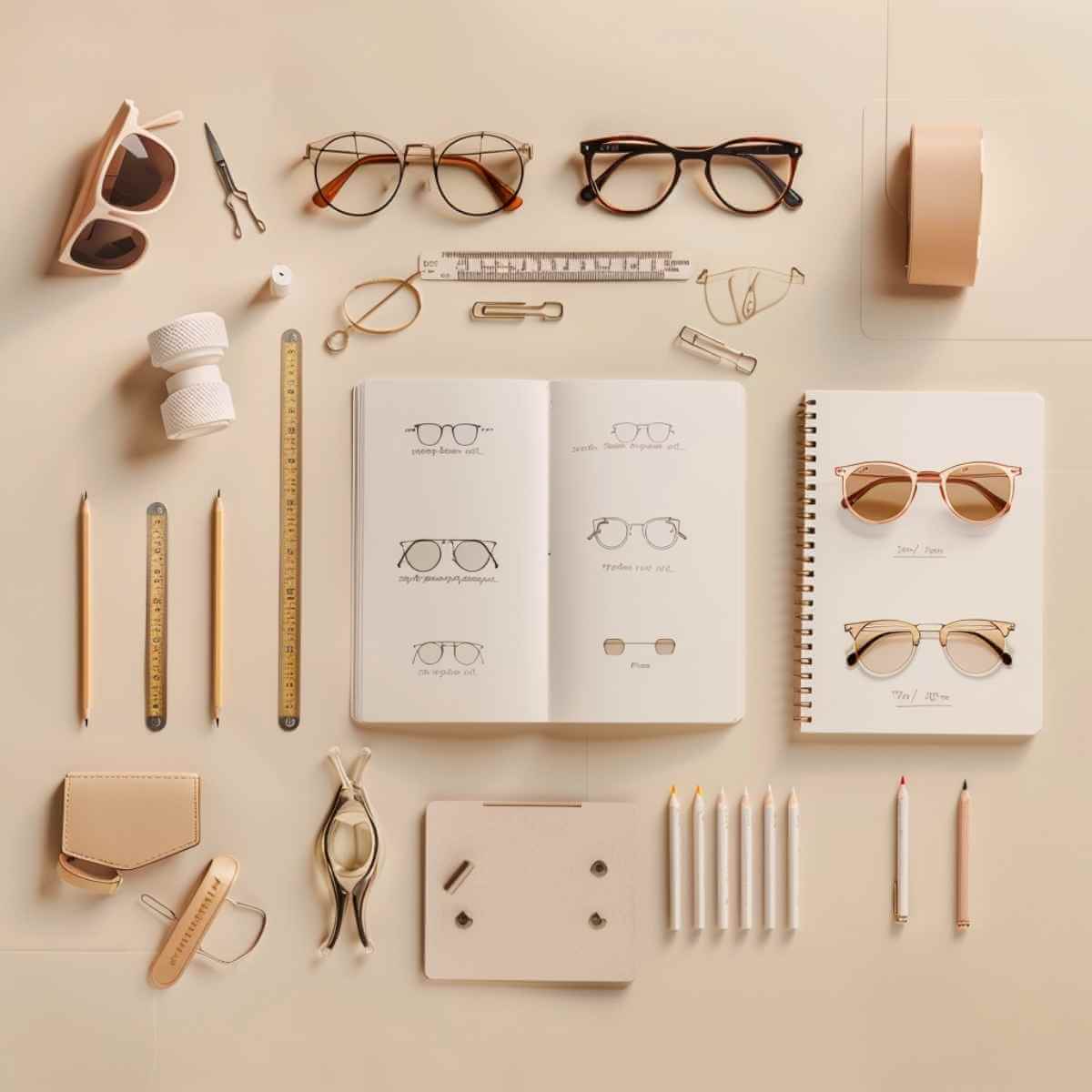 Flat lay of petite sunglasses with measurement tools and sketches for a petite face fit guide