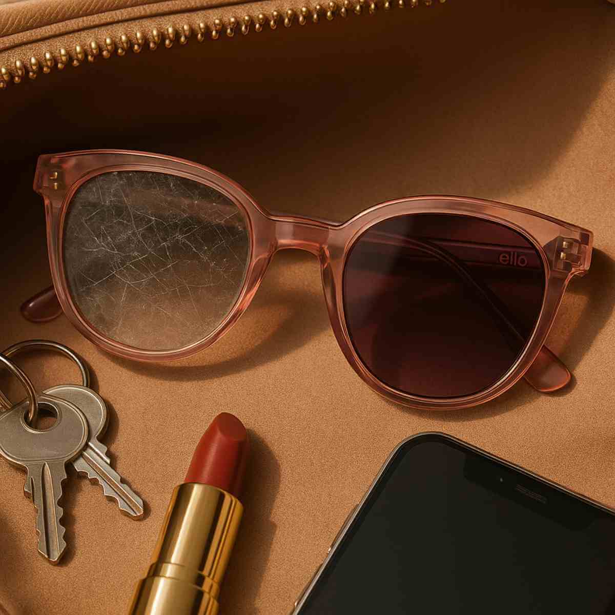 Pebble Beach petite sunglasses inside a purse showing one scratched lens and one clear scratch-resistant lens with keys and lipstick nearby.