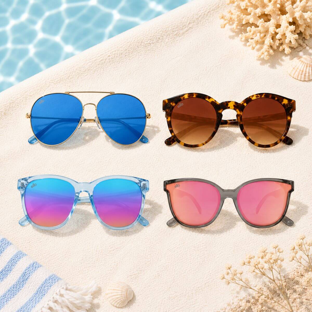 Four styles of small frame sunglasses designed for adults with petite faces, narrow faces, and smaller heads, including aviator, round, rectangular, and sporty petite-fit frames.
