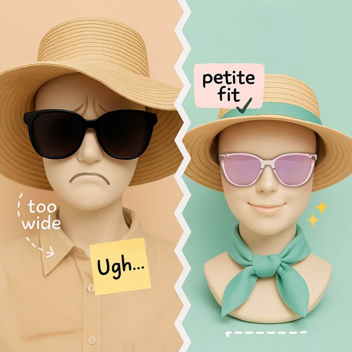 Split image showing oversized hat and sunglasses on the left vs perfectly fitting peach sunglasses and petite hat on the right.