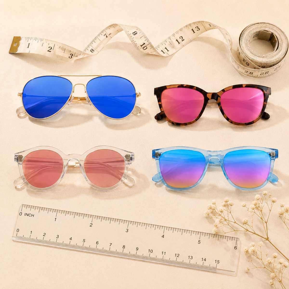 Flat lay of petite-fit small sunglasses with measuring tape and ruler showing different frame sizes designed for small faces, narrow faces, and smaller head proportions by ello sunglasses.
