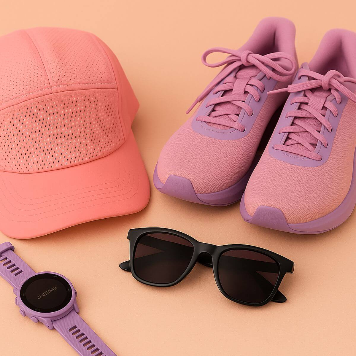Flat lay of coral hat, lavender Garmin watch, pink running shoes, and black sunglasses for small heads on a peach background.