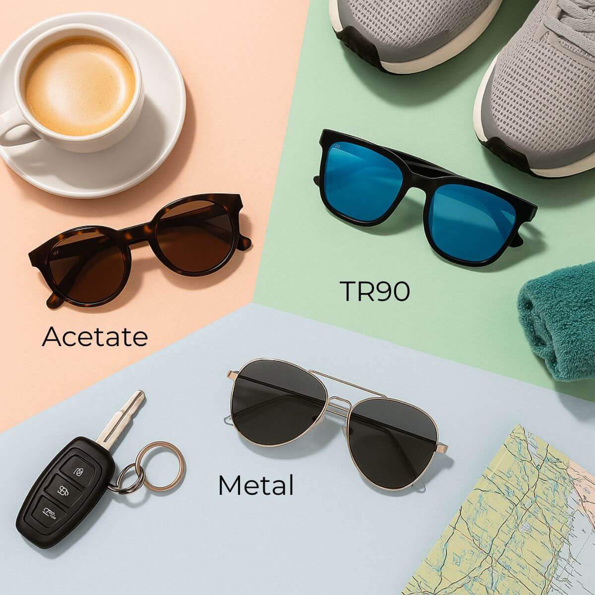 Flat lay of petite sunglasses made from acetate, TR90, and metal—styled with latte, running gear, and travel items to illustrate eyewear material differences for small faces.