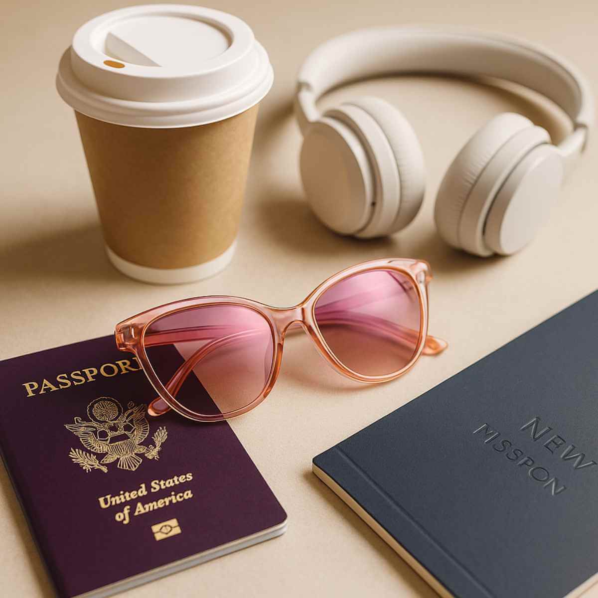 Travel flat lay featuring petite sunglasses with book and bag, hero image for blog titled Sunglasses That Suit Small Faces: The Ultimate 2025 Petite Fit Guide.