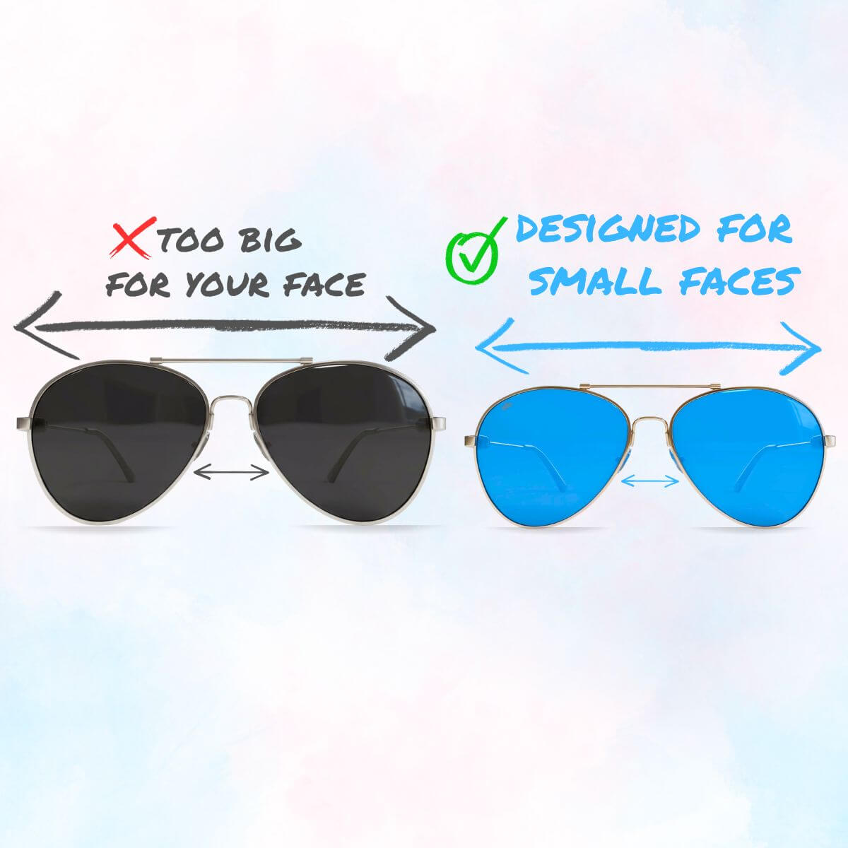 Comparison graphic showing oversized aviator sunglasses versus petite-fit aviator sunglasses designed for small faces and smaller heads with proportional frame widths and balanced lens sizing.
