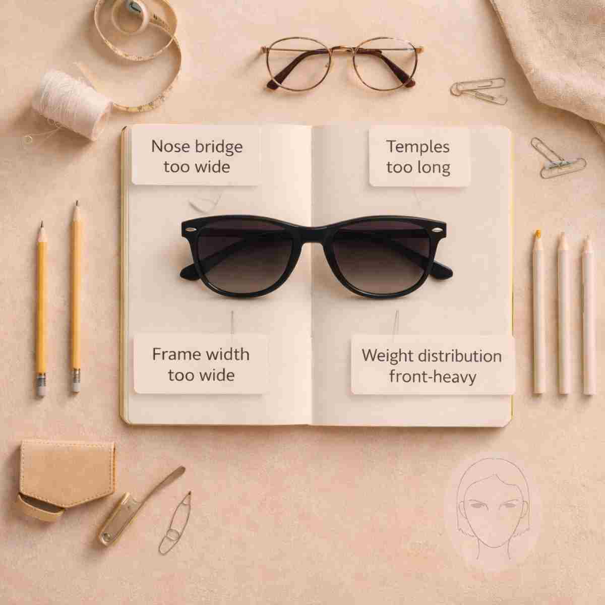 top-down flat lay showing sunglasses resting on a notebook with folded arms, illustrating common fit issues that cause sunglasses to slip on small faces and petite heads