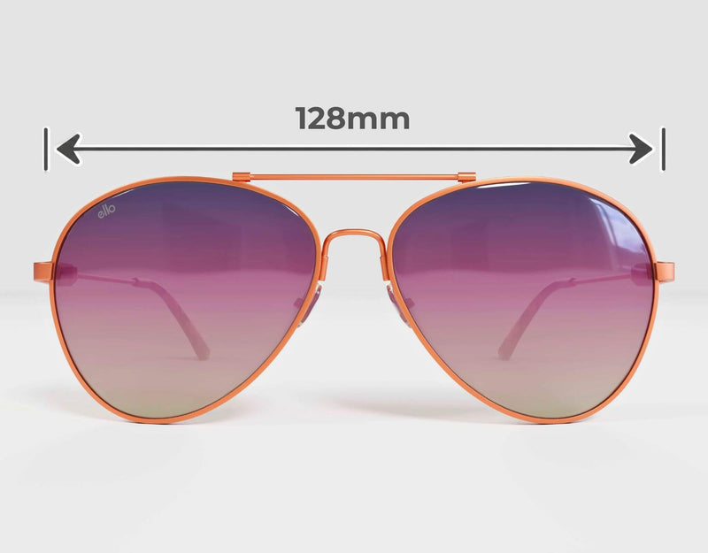 Front-facing view of ello Bali Aviator sunglasses with rose gold metal frames and purple gradient lenses, with measurement arrows showing the 128 mm overall frame width for petite faces.