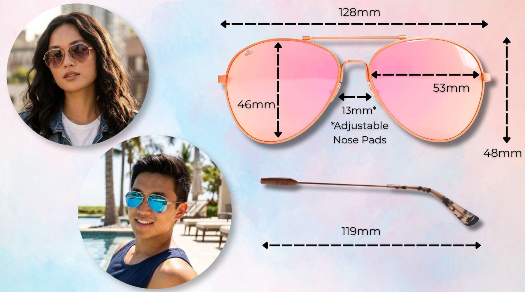 Bali small face sunglasses size guide showing frame width, lens width, lens height, adjustable nose pads, temple length, and photos of the sunglasses on petite faces.