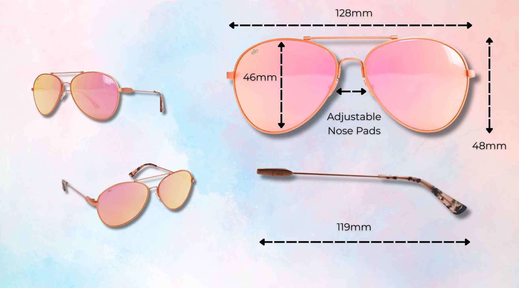 Sizing chart for Bali aviator sunglasses with frame measurements designed for small faces