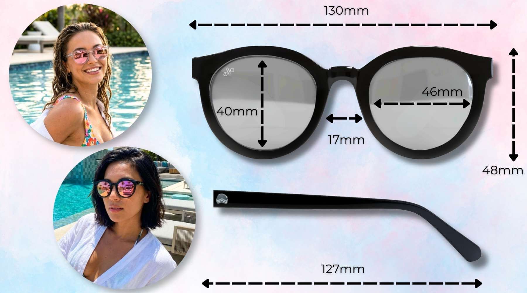 Bar Harbor small sunglasses for small faces size guide showing frame width, lens width, lens height, bridge width, temple length, and photos of the sunglasses on petite faces.