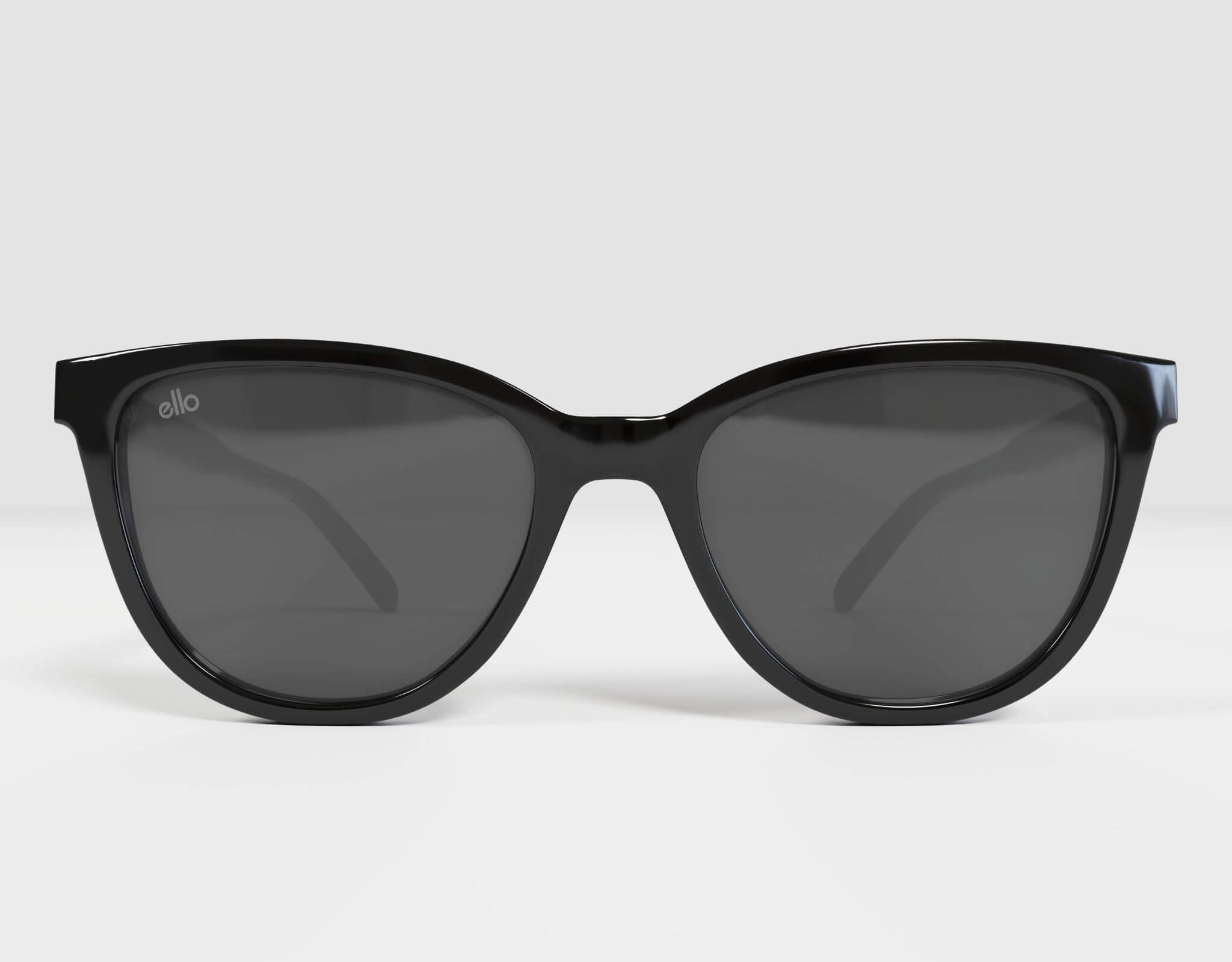 Front view of Half Moon Bay cat eye sunglasses in black-on-black for a bold, petite-fit look.