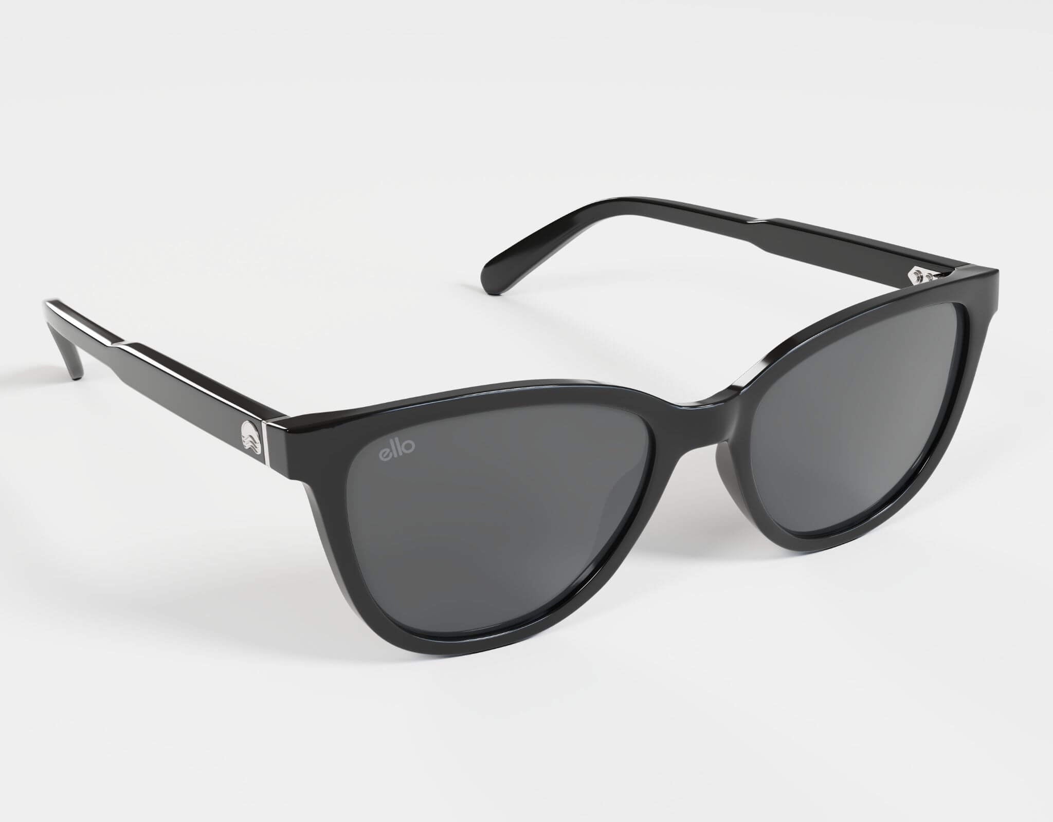 High angle view of Ello’s Half Moon Bay cat eye sunglasses in black, tailored for small faces.