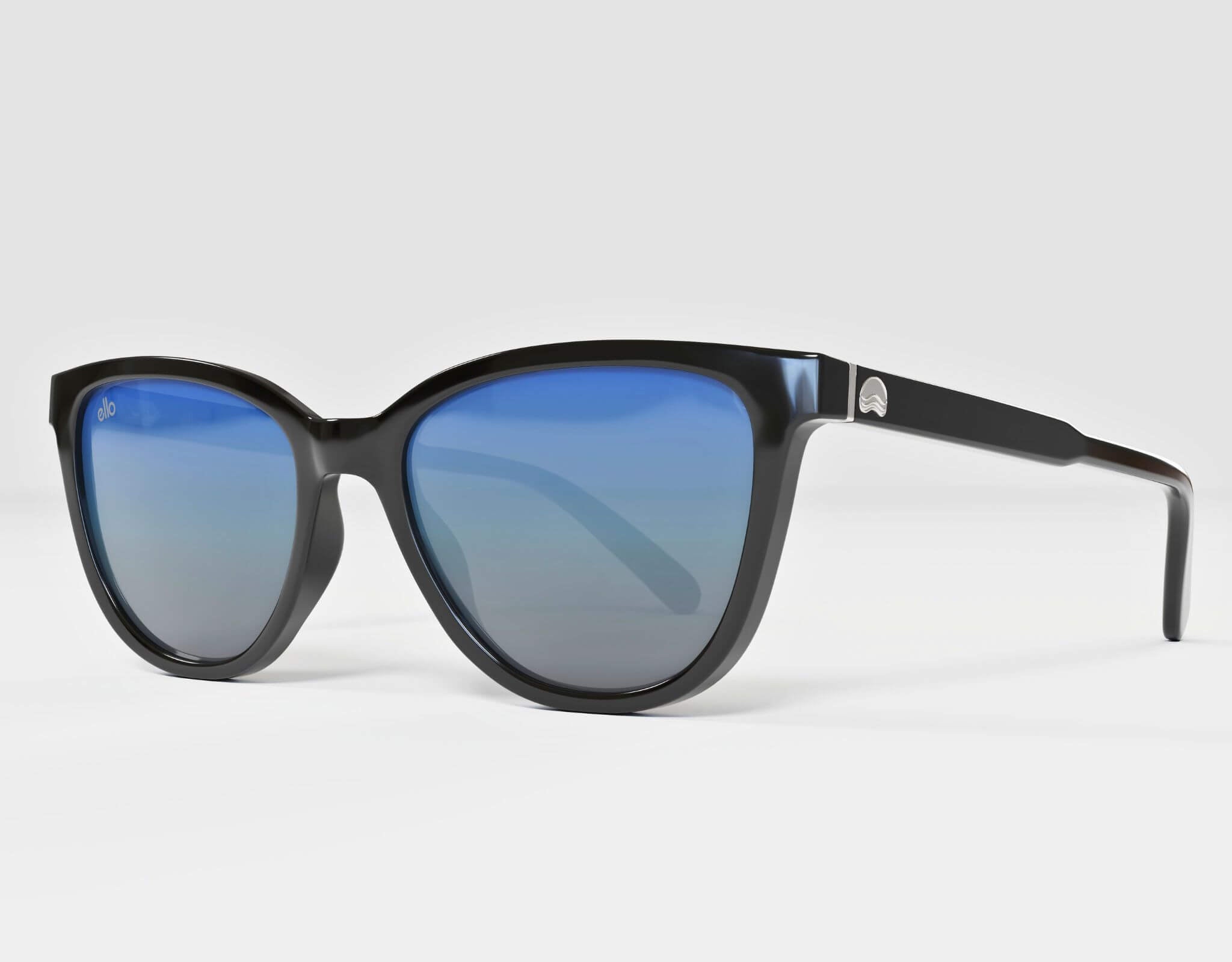 Left side view of Half Moon Bay sunglasses in black with icy blue lenses, shaped for smaller faces.