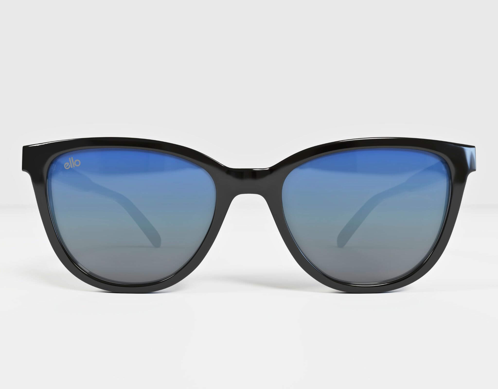 Front view of Half Moon Bay cat eye frame in black with cool blue lenses, perfect for smaller heads.