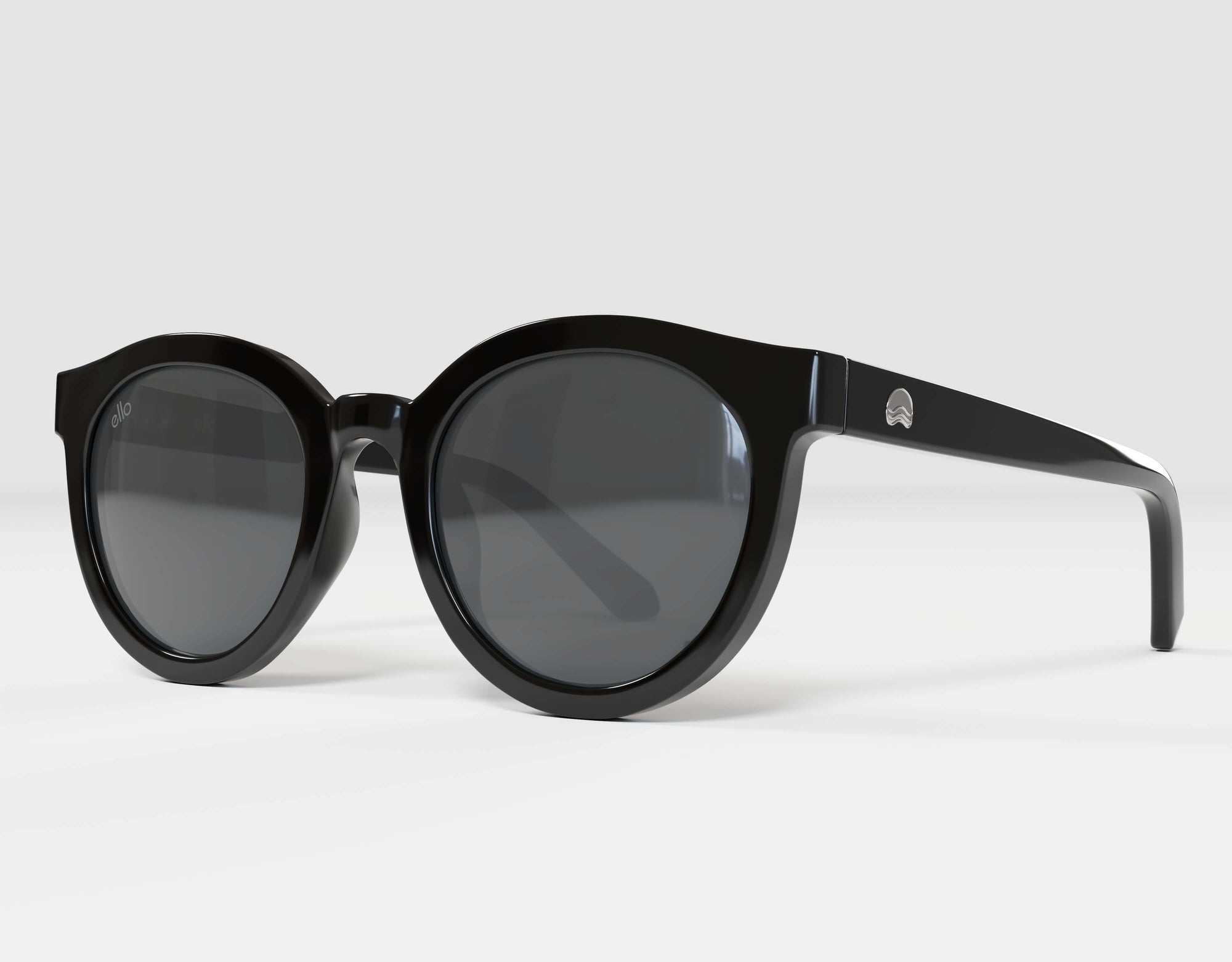 Left side view of Bar Harbor small sunglasses for small faces in black frame with grey lenses.