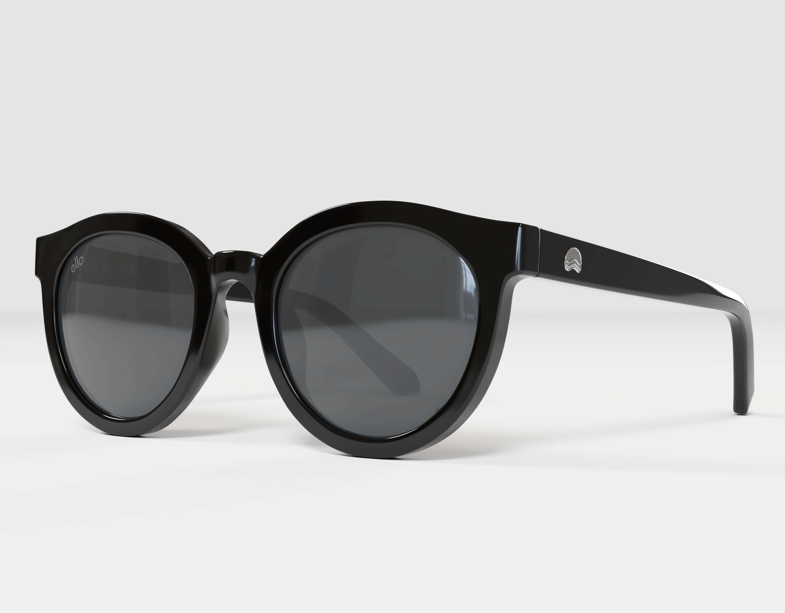 Left side view of Bar Harbor small sunglasses for small faces in black frame with grey lenses.