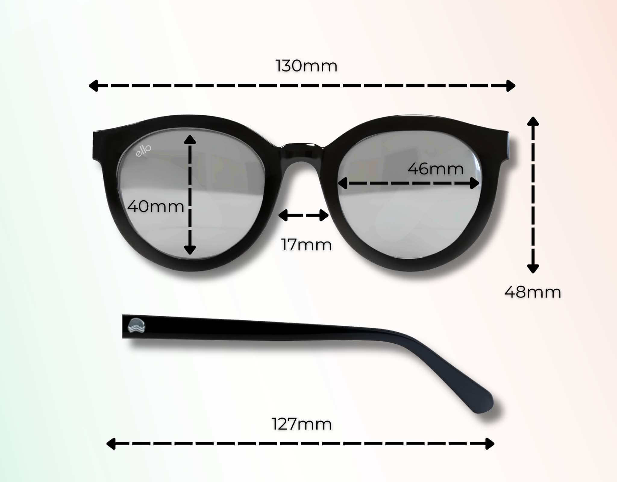 Bar Harbor small sunglasses for small faces size guide showing frame width, lens width, lens height, bridge width, and temple length.