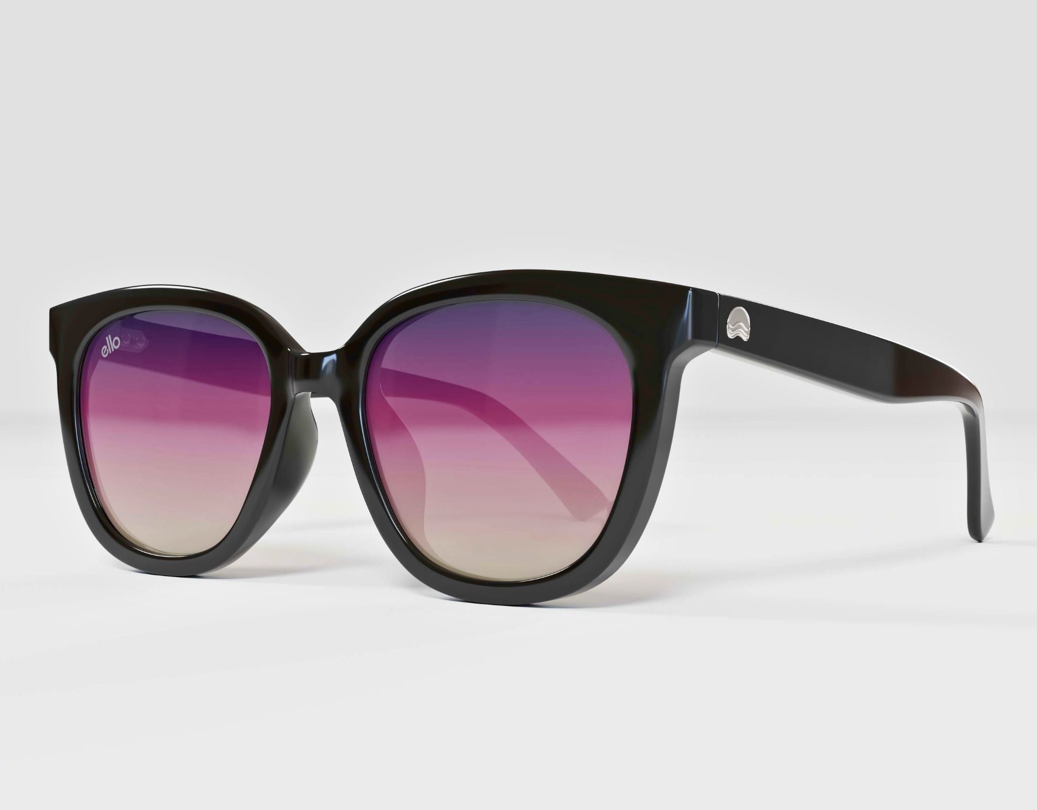 Side profile of black Pebble Beach sunglasses with gradient lavender lenses, designed for little faces.