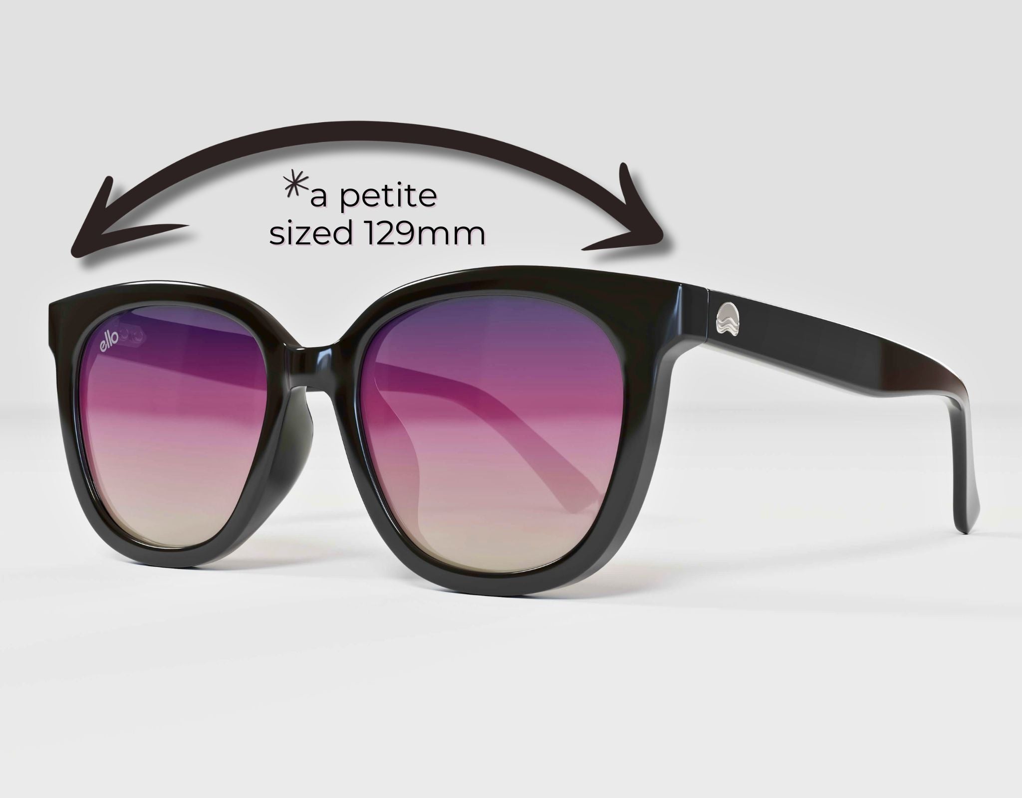 Pebble Beach black frame with lavender lenses – sizing view highlighting petite 129mm fit