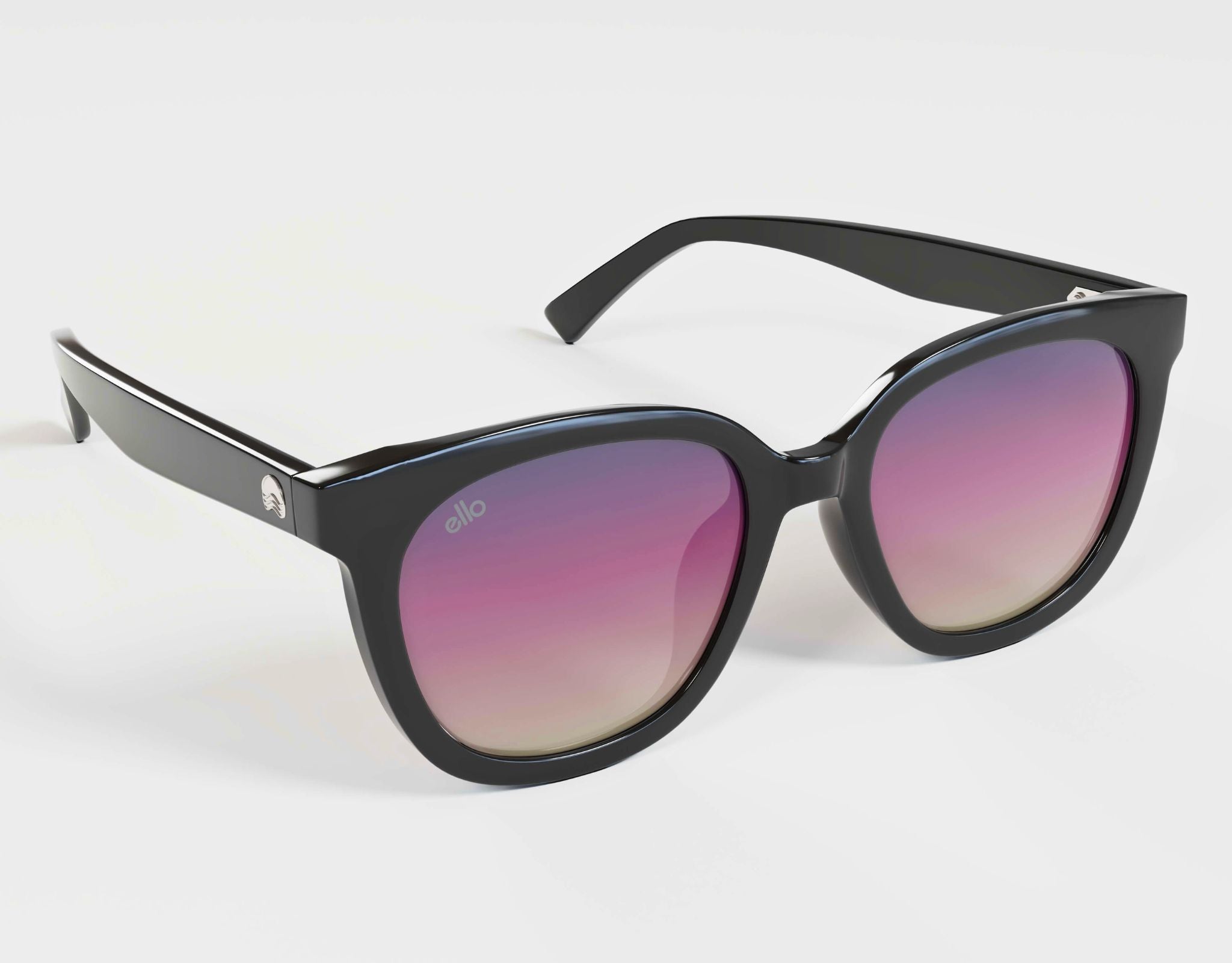 High angle of Pebble Beach sunglasses in black frame and lavender gradient lenses, made to fit little faces.
