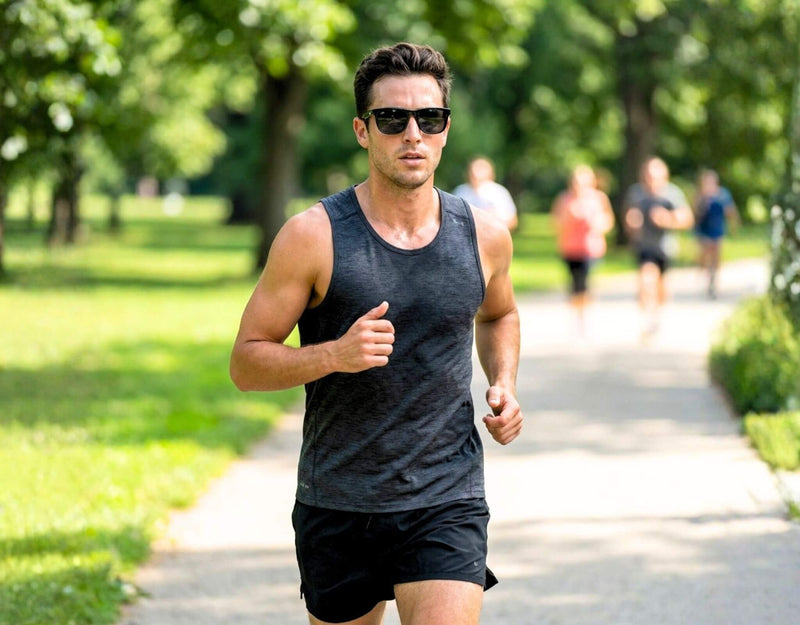Sunglasses for small faces Outer Banks in black frame with grey lenses worn by a man with a petite face and small head running on a sunny park trail with ello sunglasses